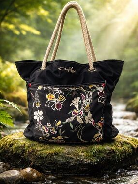 Oakley Black Floral Canvas Tote with Rope Handles Floral Print